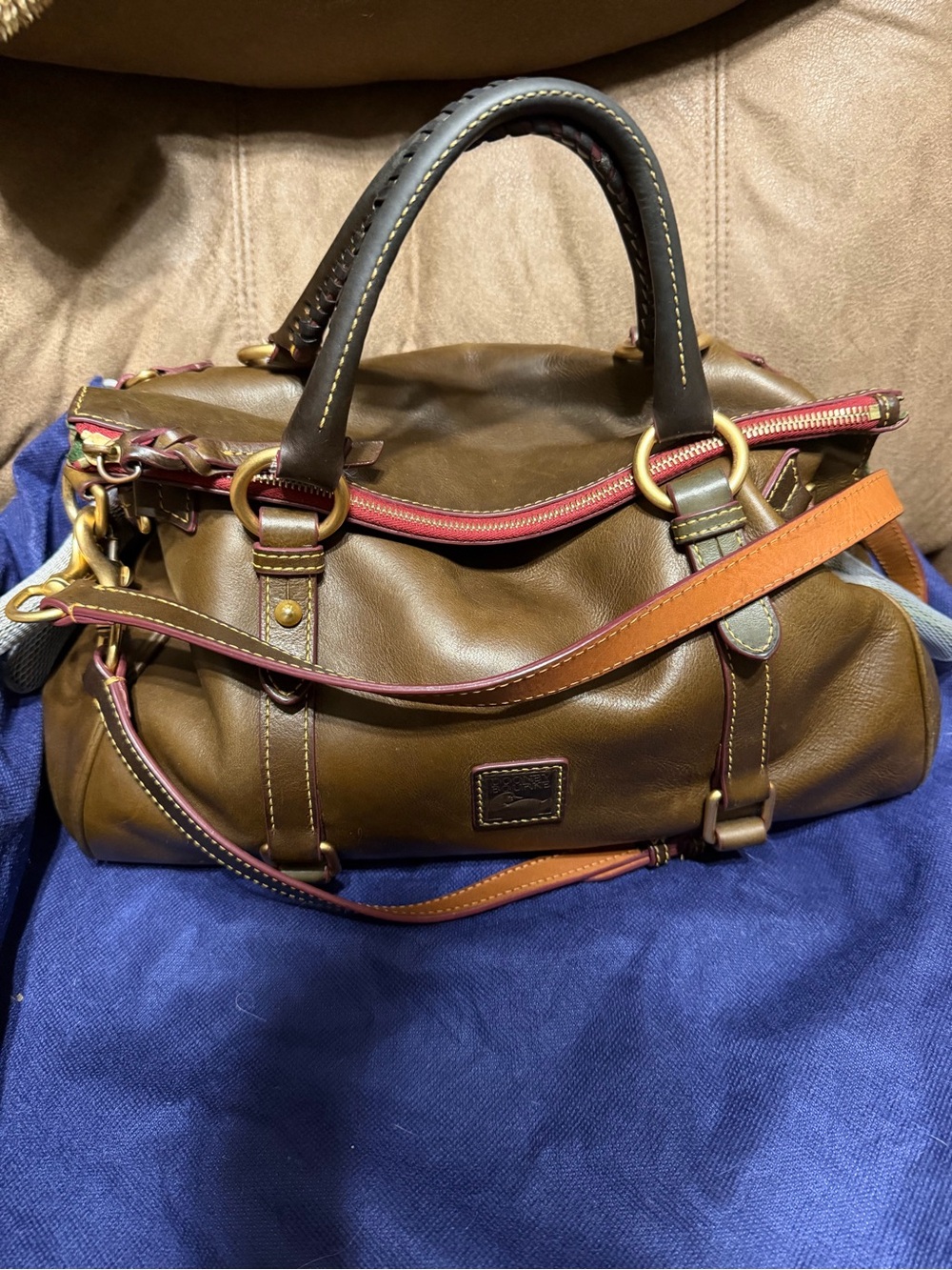 Dooney & Bourke Olive Brown Leather Satchel with Red Trim and Tan Strap